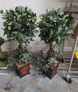 lot 411 image: Pair of Topiary Trees with Wood Planters and LED Lights, lights do work.