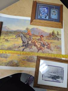 lot 426 image: Western and Native Art Prints and Drawings, 3 framed and one poster (see all photos, one on left is cutoff in main picture)