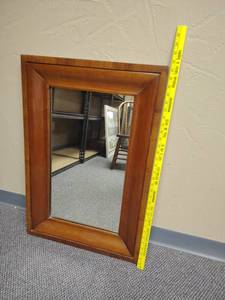 lot 427 image: Wood Frame Wall Mirror with Beveled Glass approx 21 W x 32 H  Very good condition, solid and heavy