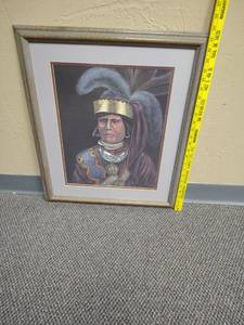lot 429 image: Framed Portrait Print Native American Figure Gold Headband Feathers - Approx 21 W X 24.5 H