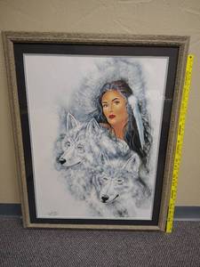 lot 430 image: Framed Art Print Woman with Wolves Signed Traci Rabbit - approx 39 H x 30 W