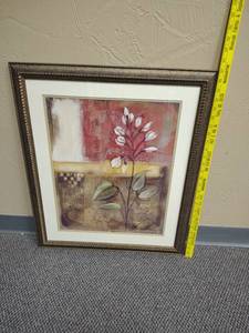 lot 432 image: Framed Floral Print Red White and Tan Botanical Wall Art - approx 23 W x 27 H