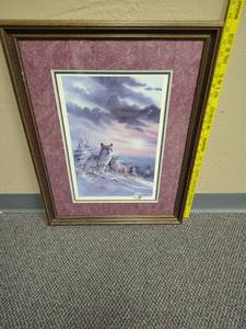 lot 440 image: Framed Print Winter Wolves Snow Landscape with Purple Mat - signed  - approx 19 W x 25.5 H