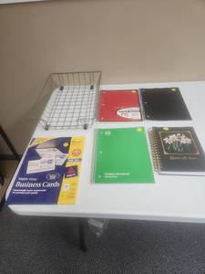 lot 552 image: Office Supply Lot Wire Basket, Notebooks, Business Card Paper