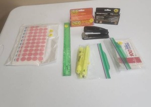lot 555 image: Office Supplies Lot Bostitch Stapler, Staples, Highlighters, Ruler, Index Cards, Permanent Glue Color Organizing Dots