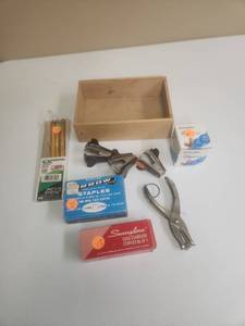 lot 558 image: Office Supply Lot Staplers, Staples, Pencils, Tape Dispenser and Finger Tip Box