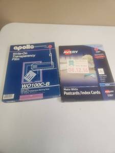 lot 559 image: Apollo Write-On Transparency Film WO100C-B 100 Sheets 8.5 x 11 & Avery 3381 Postcards
