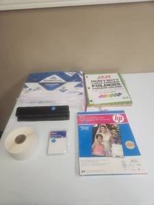 lot 560 image: Office Supply- GP 8.5x14 printer paper, folders, photo paper, labels and a 3-hole punch