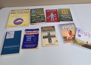 lot 572 image: Lot of 10 Health Wellness Books- Ayurveda, Yoga w a DVD, Homeopathy