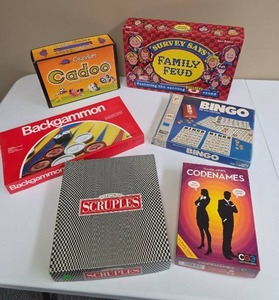 lot 581 image: Board Games Lot 6 Games Cadoo Backgammon Scruples Survey Says Family Feud Bingo Codenames