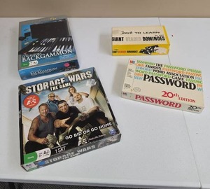 lot 585 image: Board Games Lot Backgammon, Storage Wars, Password, Giant Beaded Dominoes 4 Items