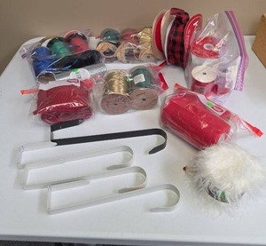 lot 592 image: Craft Supplies Lot-  Decorative and Curling Ribbon and wreath hooks