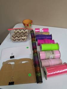 lot 593 image: Craft Supply Lot - lots of Tulle Mesh Fabric, ZigZag pattern burlap, small planter, small gift boxes