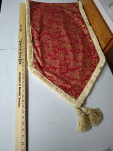 lot 602 image: Table Runner -Red Damask with Gold Fringe and Earth Tones Striped - both very good thick quality runners