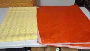 lot 620 image: Yellow Table Runner and Orange Vinyl Fall themed tablecloth with felt lining (60x100)