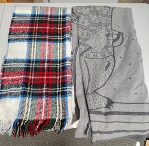 lot 623 image: Lot of 2 Throws Plaid with Fringe and Gray Polar Bear Print Blanket