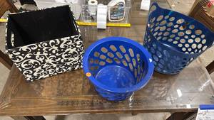 lot 639 image: Two small round plastic storage totes and a fabric hardsided bin