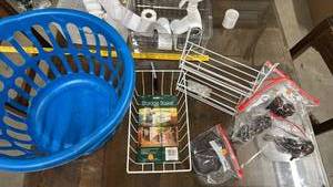 lot 641 image: Mainstays Small Laundry Basket, Wire Shelf Organizers, Curtain Finials, Shower Curtain Hooks, and Floor furniture protectors
