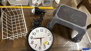 lot 644 image: Wall Clock, Clamp Lamp, Wire Basket and small step stool