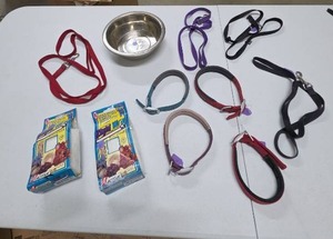 lot 695 image: Pet Supply Lot Leashes, Harnesses (med to large dog), Bowl and more