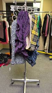lot 921 image: Lot of 4 Knitted Scarves Purple Gray Navy Yellow Plaid