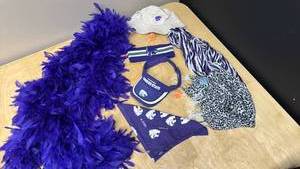 lot 932 image: Kansas State Wildcats scarves, Visor, Hat, and bandana Bundle