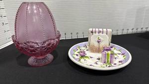 lot 1002 image: Fenton 2 pc fairy lamp and 6 Wide Tea Bag Rest Plate Lady Jayne Ltd