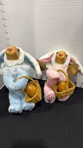 lot 1023 image: Raikes Originals bunnies with wood faces and basket with eggs