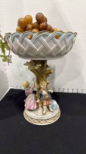 lot 1024 image: Norleans Compote bisque porcelean Pedestal Bowl Dish Bisque Children Apple Tree 12 inches tall