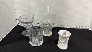 lot 1026 image: Fenton basket, West Moreland pitcher with toothpick holder and footed creamer