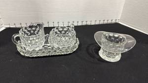 lot 1066 image: American Fostoria top hattoothpick holder with creamersugar bowls and tray