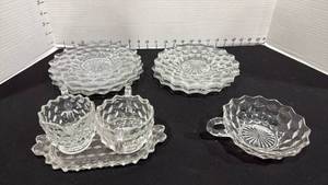 lot 1067 image: American Fostoria sandwich plates, creamersugar bowls and Nappy candy dish