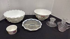 lot 1076 image: American Fostoria candlestick holders and creamer, West Moreland milk glass bowl, divided dish and bowl