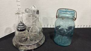 lot 1080 image: Vintage condiment set needs new base and Atlas blue canning jar