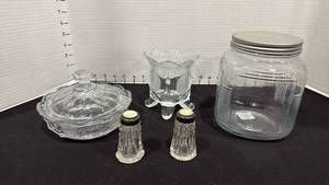lot 1084 image: Coin glass candy dish, Fostoria Coin Glass footed spooner vase or candy dish and vintage saltpepper shakers