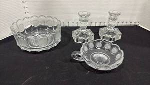 lot 1086 image: Fostoria coin glass bowl, candlestick holder and Nappy candy dish