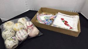 lot 1100 image: Ceramic floral pomander balls and hankies