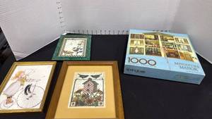 lot 1103 image: Sandi Gore Evans framed prints, 1000 pc puzzle Miniature Manor