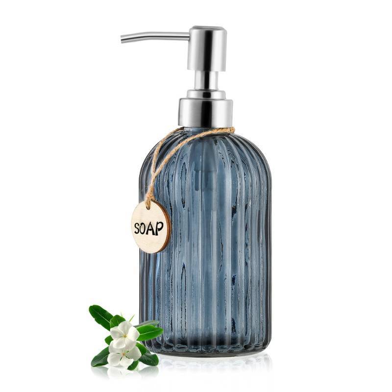 lot 1049 image: MOCLIF 16 OZ Soap Dispenser��Tempered Glass Clear Vertical Stripe with 304 Rust Proof Stainless Steel Pump Refillable Liquid Hand Soap Dispenser��for Bathroom, Kitchen, Dish Soap��Lotion (Blue Grey) - Retail $14