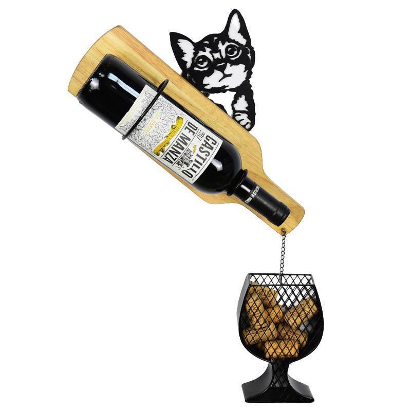 lot 1051 image: Drincarier cat Wine Rack Wall Mounted with Cork Holder, Hold 1 Bottle and Some Corks, Creative Metal &amp Wood Wine Rack Wall Wine Rack with Wine Cork Holder Black Retail $16
