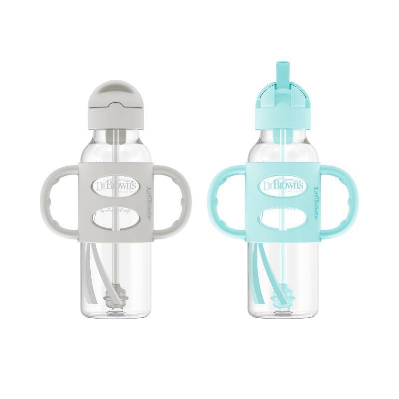 lot 1061 image: Dr. Browns Milestones Narrow Sippy Straw Bottle, Spill-Proof with 100% Silicone Handles and Weighted Straw, 8 oz250 mL, Gray &amp Green, 6m Retail $18