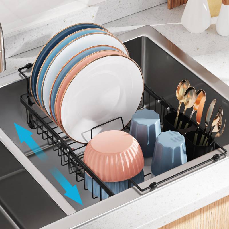 lot 1056 image: iSPECLE Expandable in Sink Dish Drying Rack - Adjustable Capacity (12.4-17.1L) Over The Sink Dish Drainer Drying Rack for Kitchen Counter and Sink, Dish Rack with Utensil Holder, Black Retail $27