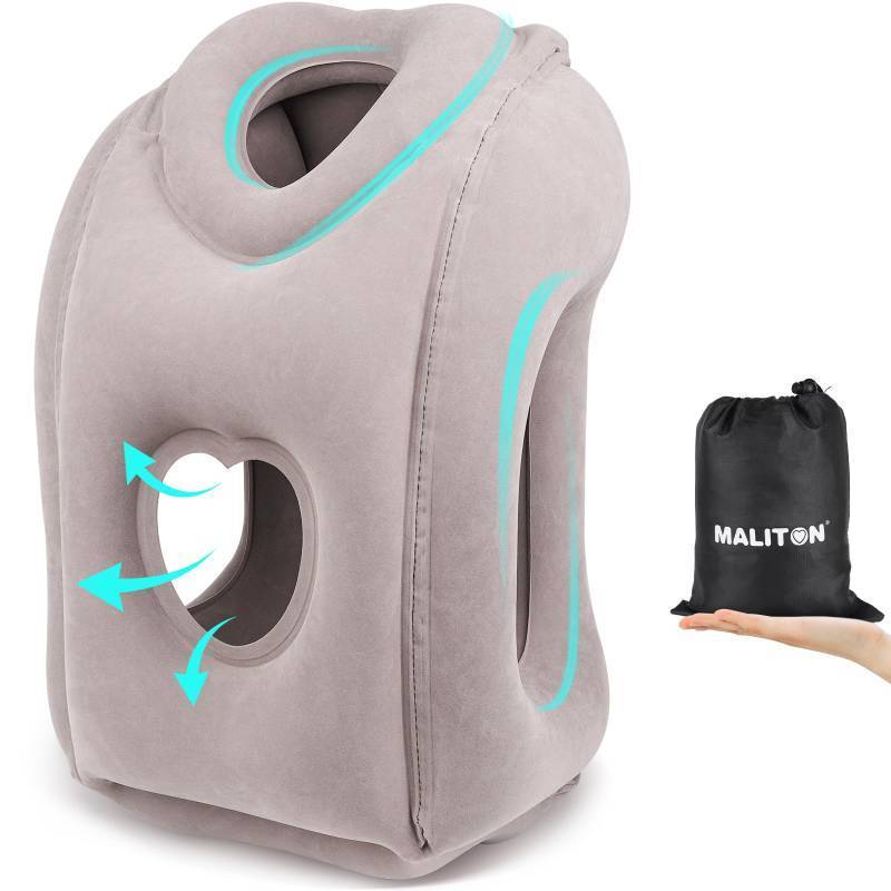 lot 1063 image: Maliton Inflatable Travel Pillow for Airplane Comfortable Sleeping to Relieve Neck and Shoulder Pain, Support Head Inflatable Pillow for Long Flights, Used for Airplanes, Cars, Trains, Office(Grey) Retail $18