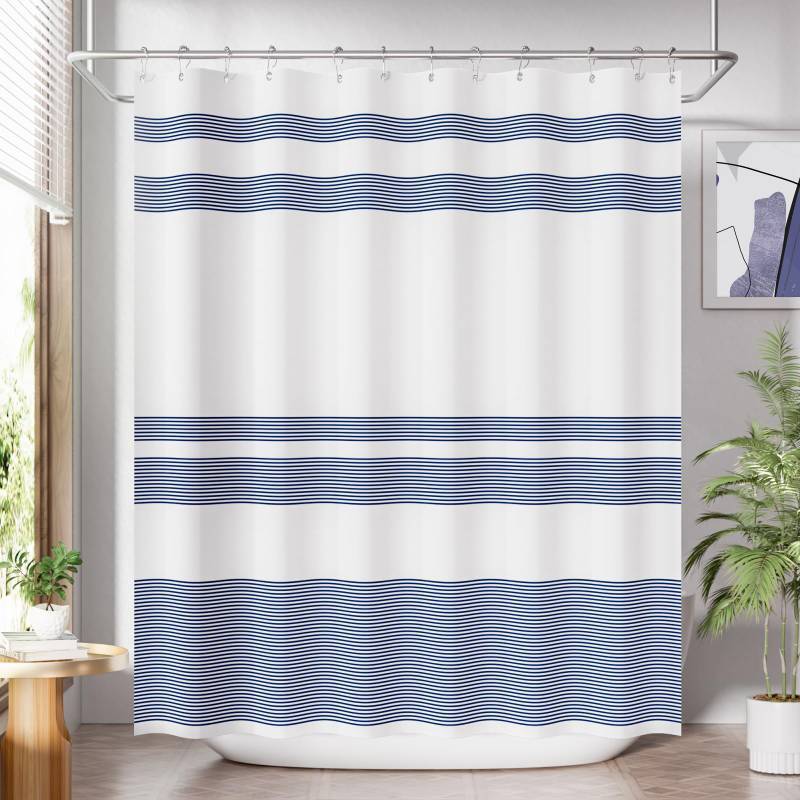 lot 1065 image: AmazerBath Shower Curtain, Striped Blue Cloth Shower Curtain Sets with 12 Shower Curtain Hooks, Rustic Fabric Blue and White Shower Curtain, Washable Farmhouse Bathroom Shower Curtain, 72x72 Inches Retail $23