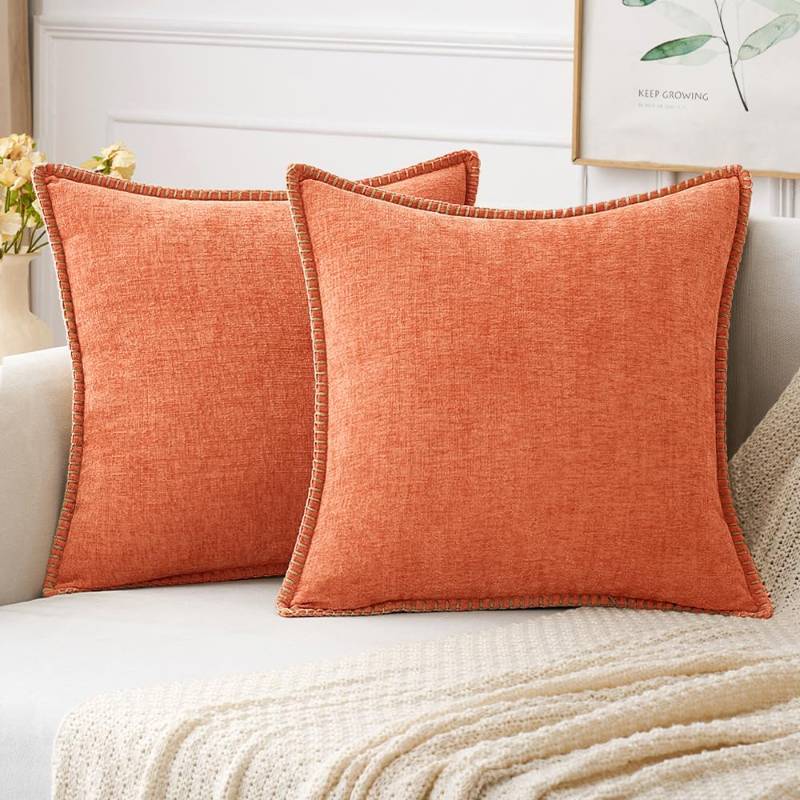 lot 1072 image: MIULEE Pack of 2 Couch Throw Pillow Covers 20x20 Inch Coral Red Farmhouse Decorative Pillow Covers with Stitched Edge Soft Chenille Solid Dyed Pillow Covers for Sofa Bed Living Room Retail $29