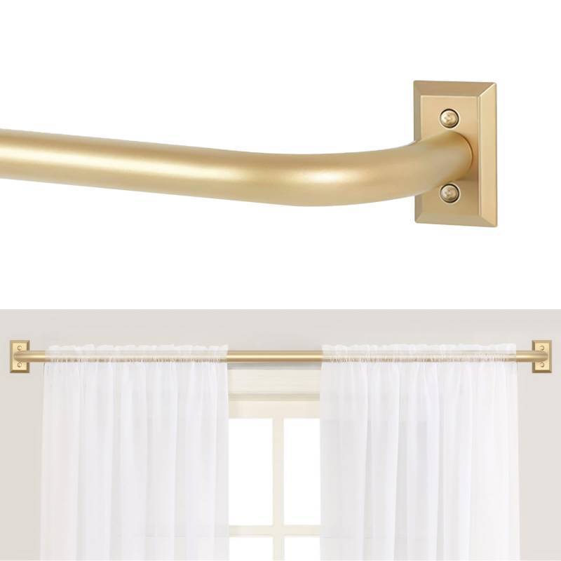 lot 1038 image: TANGWIN Gold Wrap Around Curtain Rods 66 to 120Blackout Heavy Duty Adjustable Long Window Curtain Rod Room Darkening,Modern Industrial Curved French Return Metal Drapery Rods Easy Install,Brass Gold Retail $37
