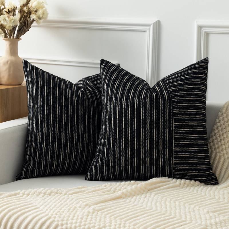 lot 1035 image: Kevin Textile Ink Black and Beige Patchwork Farmhouse Throw Pillow Covers 18 x 18 Inch, Pack of 2 Striped Linen Decorative Pillow Case for Sofa Couch Chair Bedroom Modern Decor Retail $22