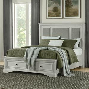 lot 1002 image: Anistyn Wood Bed Frame with Upholstered Headboard, Gray Finish - Retail $850
