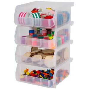 lot 1075 image: ReadySpace Medium-Wide Stackable Plastic Storage Bins, 4-Pack, White - Retail $44