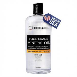 lot 1090 image: Thirteen Chefs Mineral Oil - 8 oz Food Grade Conditioner for Wood Cutting Board, Countertop & Butcher Block, Lubricant for Knife or Meat Grinder - Safe USP Finish on Marble, Soapstone - Retail $10